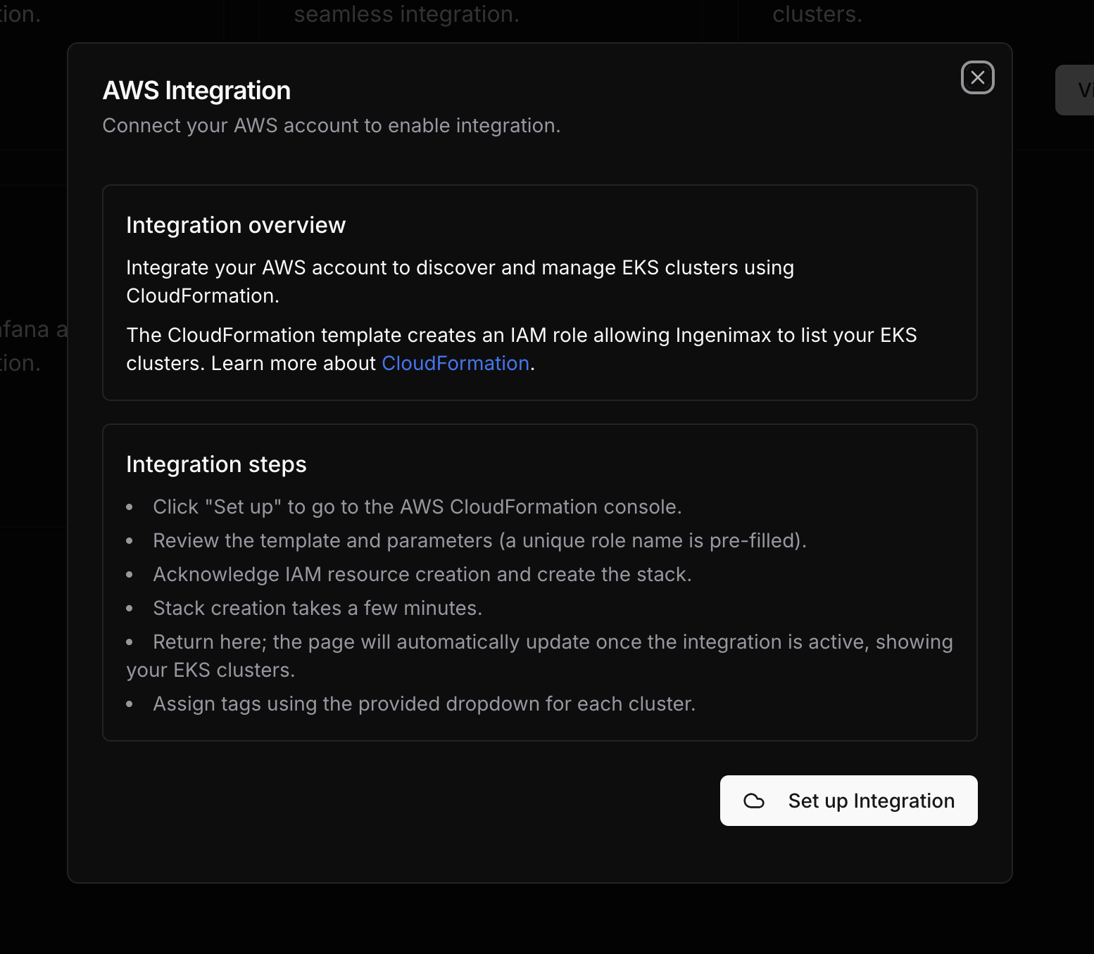 Screenshot of StarOps AWS integration wizard showing the connection process
