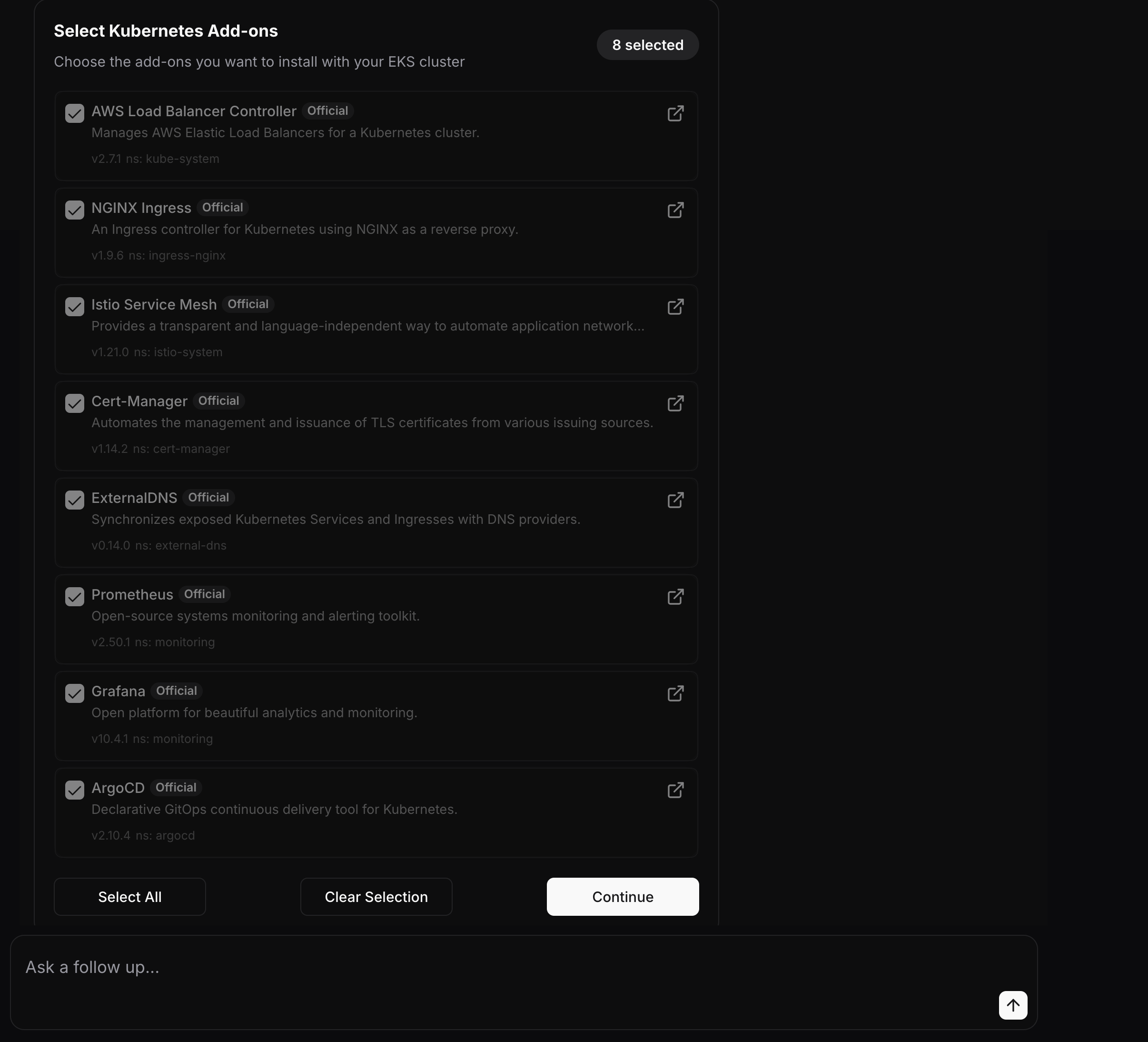 Screenshot of StarOps cluster add-ons selection