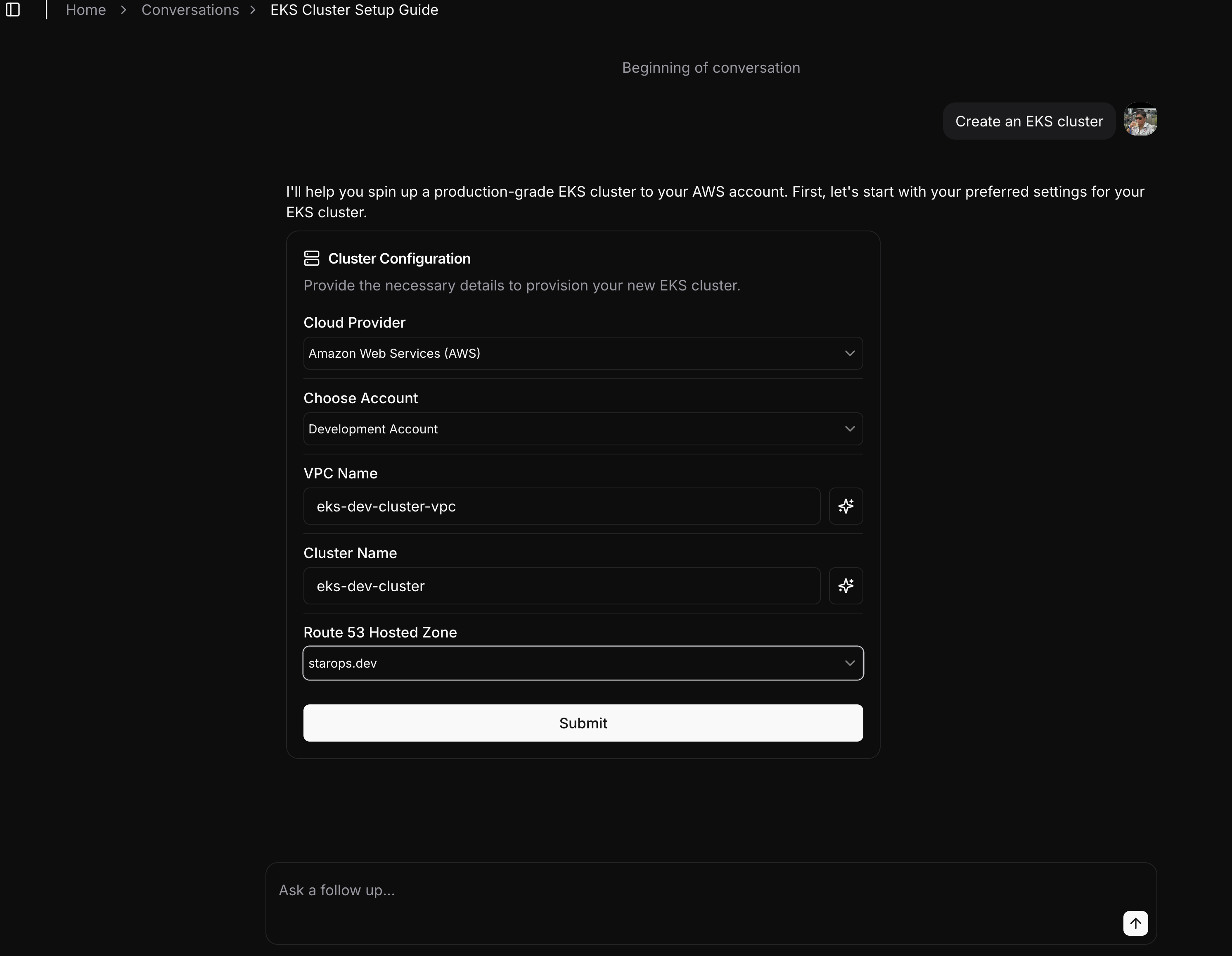 Screenshot of StarOps cluster defaults configuration