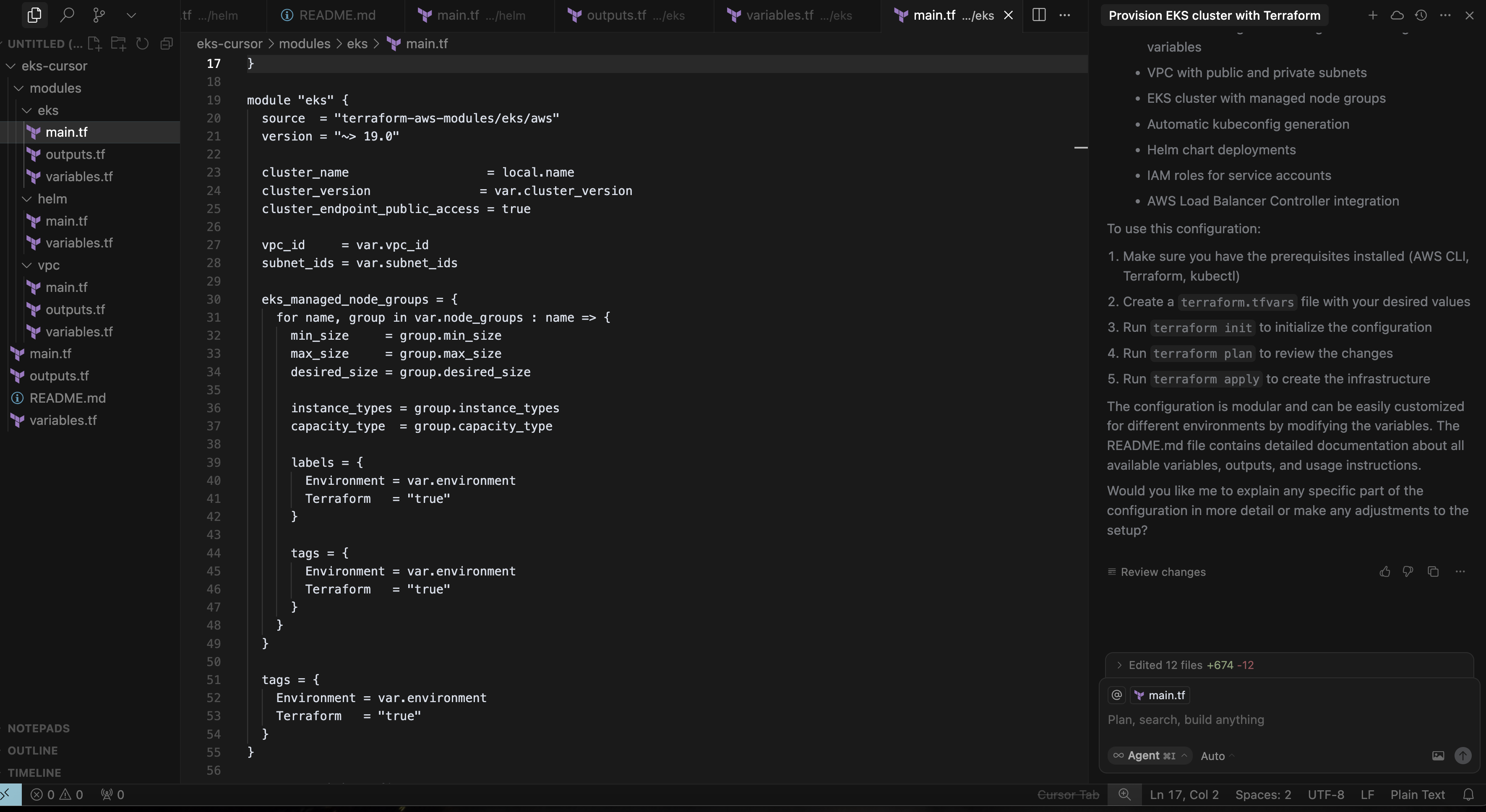 Screenshot of Cursor IDE showing the generated Terraform project structure